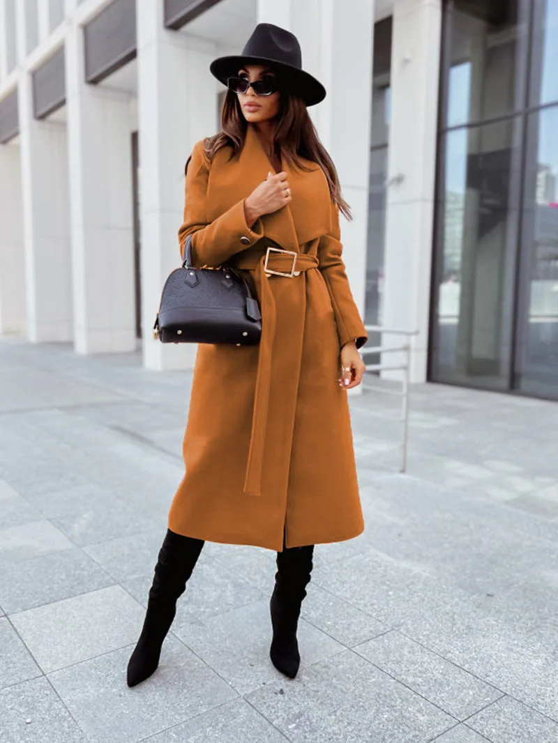 Women's Casual Long Sleeve Button-up V-neck Woolen Coat