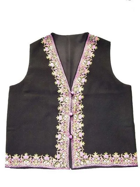 Woolen Waist Coat Black, Multicolor Embroidery #AO-076